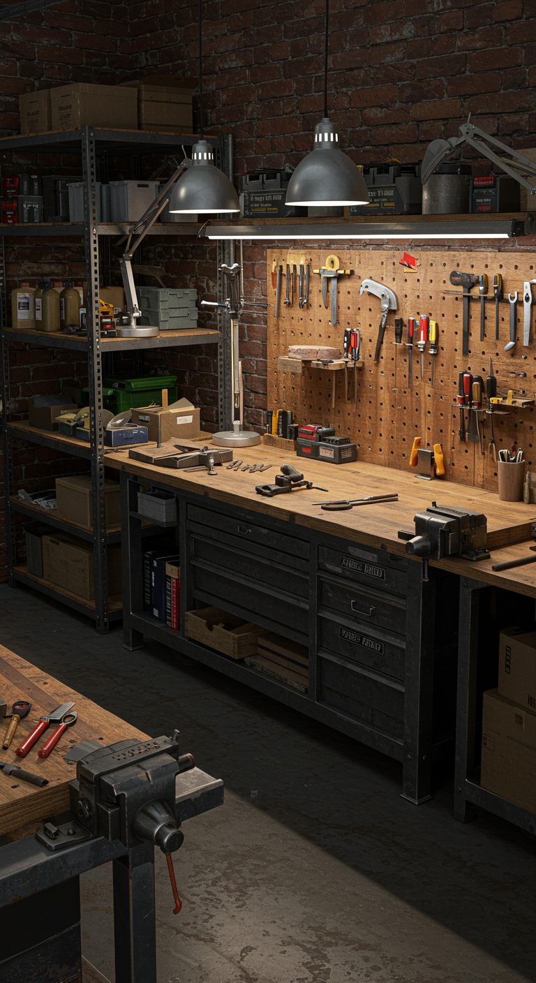 Industrial Maker Workshop Ideas - A high-resolution photograph capturing a meticulously organized industrial maker workshop. The scene features heavy-duty workbenches constructed from steel and reclaimed wood, showcasing various hand tools and power tools neatly arranged within easy reach. Exposed brick walls provide a textured backdrop, complemented by robust metal shelving units stocked with an assortment of materials, components, and project supplies. Adjustable, bright task lamps illuminate the workspace, casting focused light on ongoing projects, while subtle imperfections like scratches on the workbench and a bit of dust add to the realistic, well-used feel of the workshop.