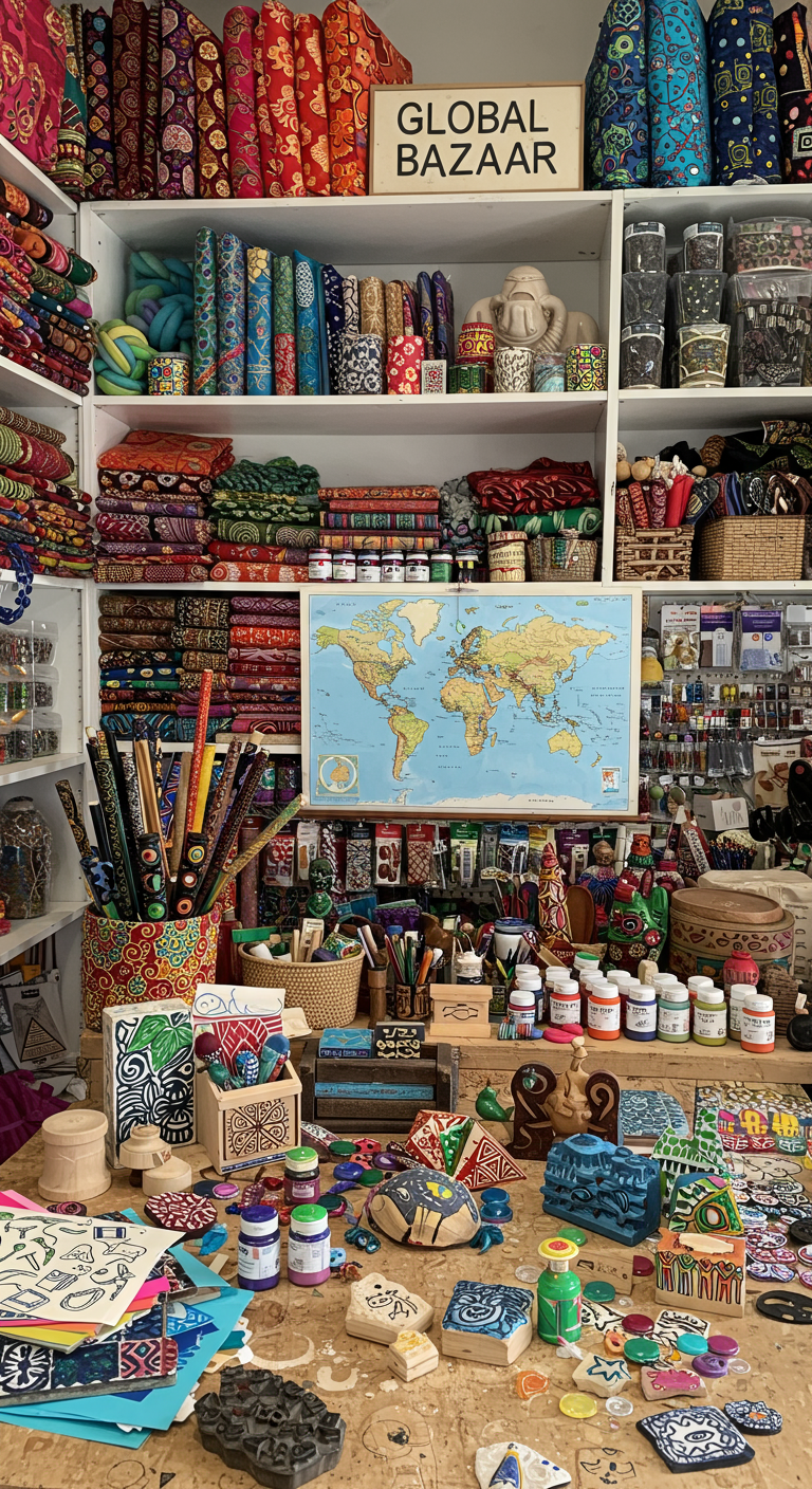 Global Bazaar Craft Studio Ideas - A brightly lit craft studio overflowing with globally-sourced art supplies. Shelves are packed with colorful fabrics from India, glass beads from Africa, and paint tubes in vibrant Moroccan hues. Various unfinished craft projects are scattered on a large wooden workbench, including origami paper, block printing stamps, and half-painted alebrije sculptures. A world map hangs on the wall, dotted with pins indicating the origin of different materials, and a slightly crooked hand-painted sign reads "Global Bazaar."