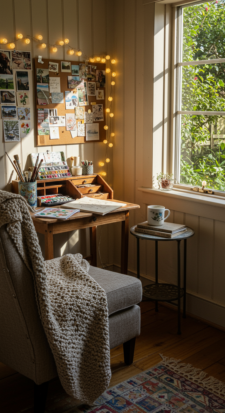 Cozy Cottage Creator's Nook Ideas - A sun-drenched cozy cottage nook features a vintage wooden desk cluttered with art supplies, including watercolor paints, brushes, and a half-finished sketch. A comfortable, slightly worn armchair is draped with a hand-knitted blanket, and a small side table holds a steaming mug and a stack of well-loved books. Fairy lights twinkle softly around a window overlooking a lush garden, while a mood board filled with inspiring images, fabric swatches, and handwritten notes hangs on the wall, slightly askew.