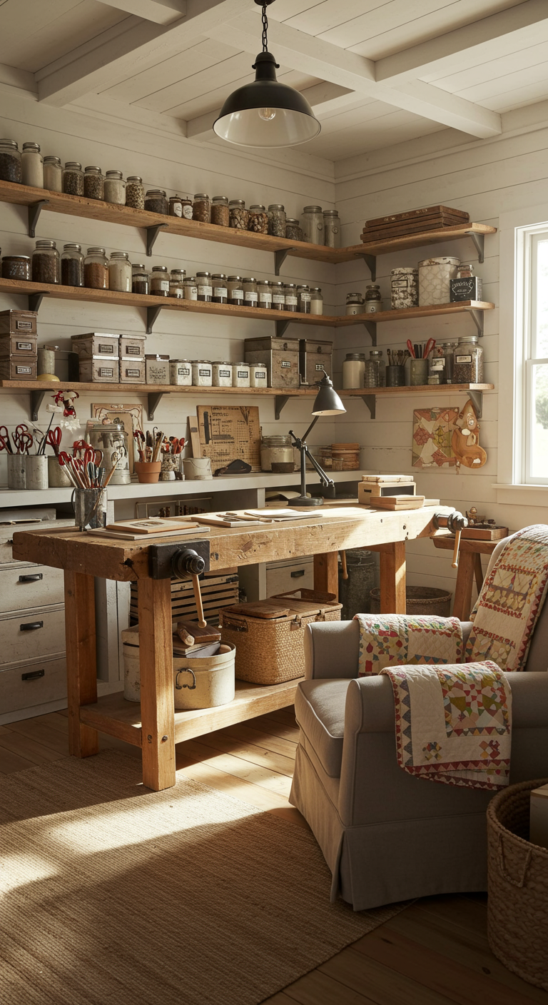 Modern Farmhouse Maker Space Ideas - A brightly lit, high-resolution photograph of a modern farmhouse maker space. Shiplap walls form the backdrop, adorned with open shelving displaying neatly organized art supplies in vintage jars and labeled containers. A large wooden workbench dominates the center, lightly scarred with use, while a comfortable armchair sits in a corner, draped with a hand-stitched quilt. Sunlight streams through a window, illuminating dust motes dancing in the air and casting a soft glow on the room's clean, uncluttered surfaces.