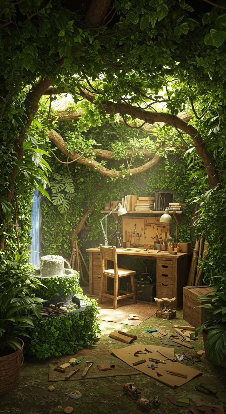 Jungle-Themed Creator's Cave Ideas - A highly detailed and realistic image of a jungle-themed creator's cave, featuring lush green plants, faux vines hanging from the ceiling, and natural wood textures. A desk crafted from reclaimed wood sits beneath a canopy of artificial foliage, illuminated by soft, dappled light filtering through the leaves. The room includes a small indoor fountain mimicking a waterfall, with scattered crafting supplies and tools subtly placed amongst the jungle decor, and some dust on the leaves.