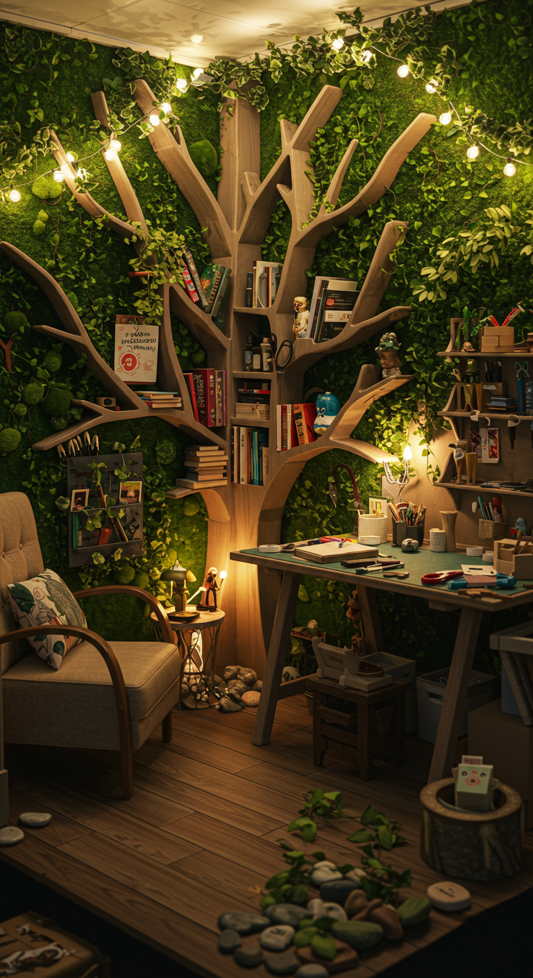 Enchanted Forest Hobby Room Ideas - A highly detailed and realistic hobby room designed with an enchanted forest theme. The room features walls adorned with faux moss and climbing vines, illuminated by soft, warm fairy lights and dappled lighting effects simulating sunlight filtering through leaves. A custom-built bookshelf shaped like a stylized tree stands against one wall, filled with various books and crafting supplies.