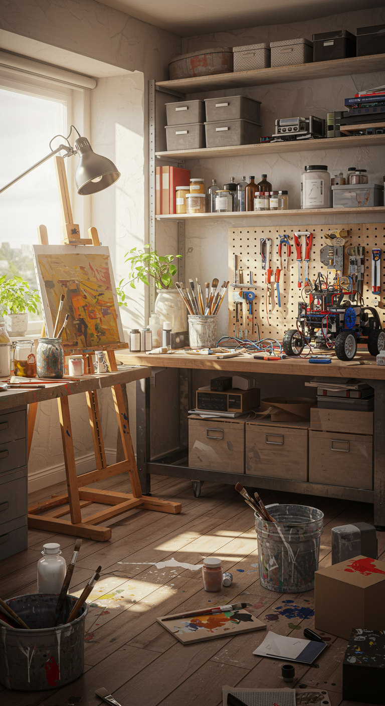 Creative Hub Setup Ideas - A bright, naturally lit creative studio with organized workspaces for multiple hobbies. One area features a large easel with a half-finished oil painting, surrounded by jars of brushes and tubes of paint. Another section showcases a workbench with various tools, electronic components, and a partially assembled robot. Shelves are filled with art supplies, books, and completed projects, creating a lived-in and inspiring atmosphere. A stray paintbrush lies on the workbench, and a few paint splatters adorn the floor, adding a touch of authenticity.