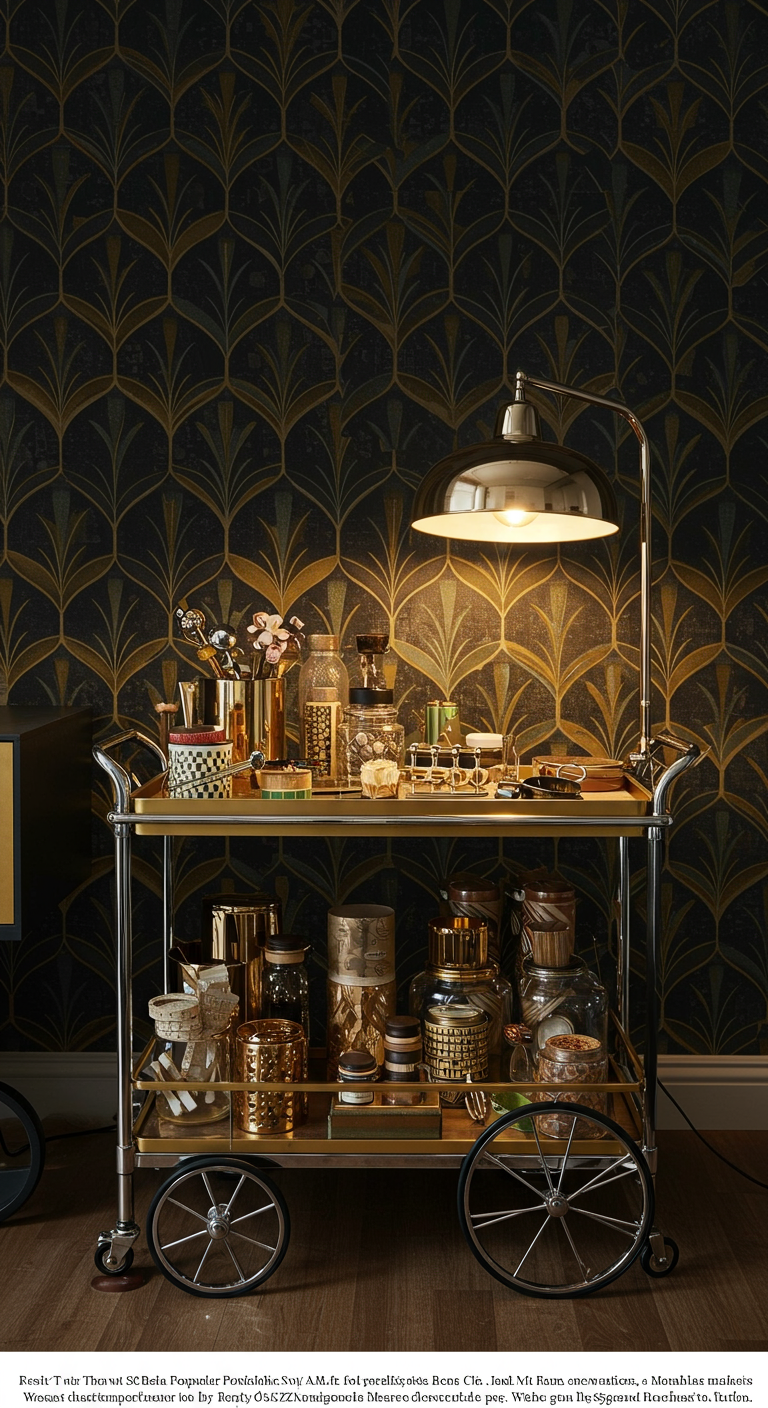 Art Deco Hobby Den Ideas - A highly detailed, realistic photograph of an Art Deco hobby den. The room features geometric patterned wallpaper in gold and black, complemented by furniture with clean lines and chrome accents. A vintage-looking bar cart holds crafting supplies, while a geometric lamp casts a warm glow. Slight imperfections, such as a scratch on the bar cart's surface and a fingerprint on the chrome lamp, add to the realistic feel.