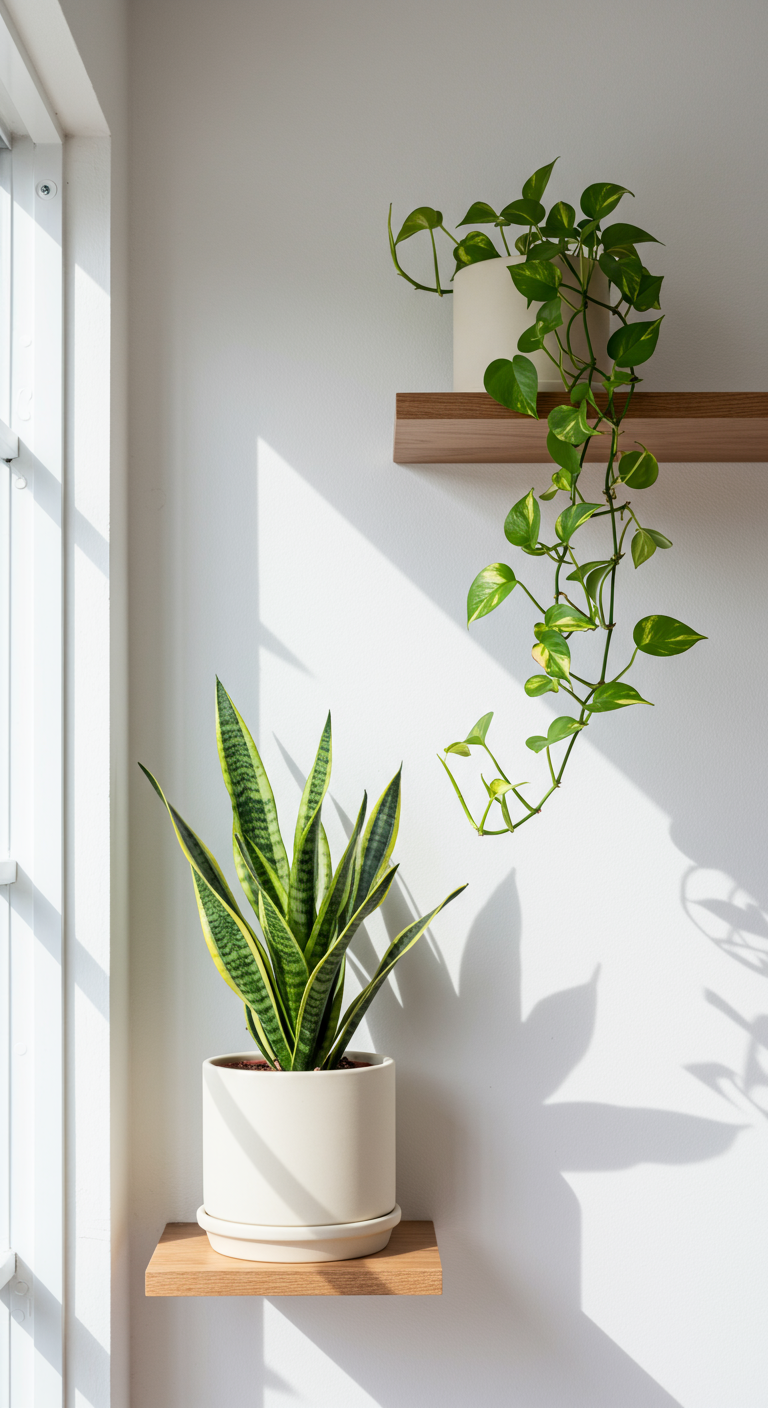 Minimalist Plant Shelf Combos - A minimalist wooden shelf mounted on a clean white wall, holding a single snake plant in a matching off-white ceramic pot. A trailing pothos vine cascades elegantly from the top shelf, its leaves exhibiting slight imperfections and variegation. Natural light streams in from a nearby window, casting subtle shadows and highlighting the simple textures of the wood and ceramic. The scene evokes a sense of calm and uncluttered sophistication, emphasizing the beauty of nature within a minimalist setting.