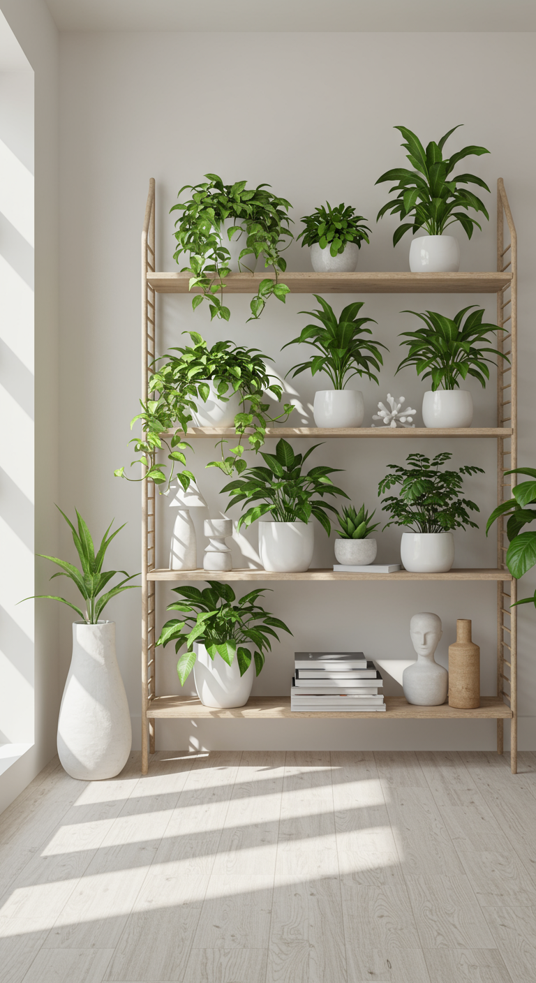 Scandinavian Plant Shelf Ideas - A bright, minimalist Scandinavian living room featuring a light birch wood shelving unit adorned with a variety of lush green plants. The shelves are arranged with a mix of textures and sizes, including trailing pothos, succulents in white ceramic pots, and larger leafy plants. Natural sunlight streams through a nearby window, casting soft shadows on the wall, and a few carefully placed books and small, simple sculptures add to the clean, uncluttered aesthetic. The wood has slight imperfections and knots, adding to the natural feel, and a few leaves have minor blemishes, suggesting real plants in a real environment.
