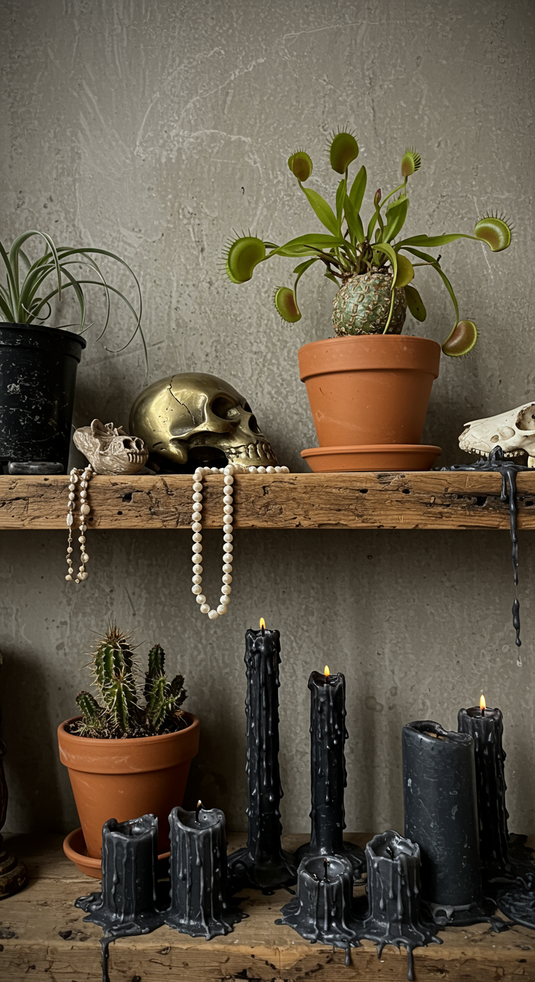 Edgy Plant & Shelf Setups - A reclaimed wood shelf, slightly warped and stained, holding a variety of unconventional plants. A spiky succulent sits next to a trailing string of pearls, with a small Venus flytrap in a terracotta pot nearby. The shelf also features a small, tarnished brass skull and a collection of dark, dripped candles, some partially burned. The background is a dimly lit room with a textured concrete wall, adding to the edgy aesthetic.