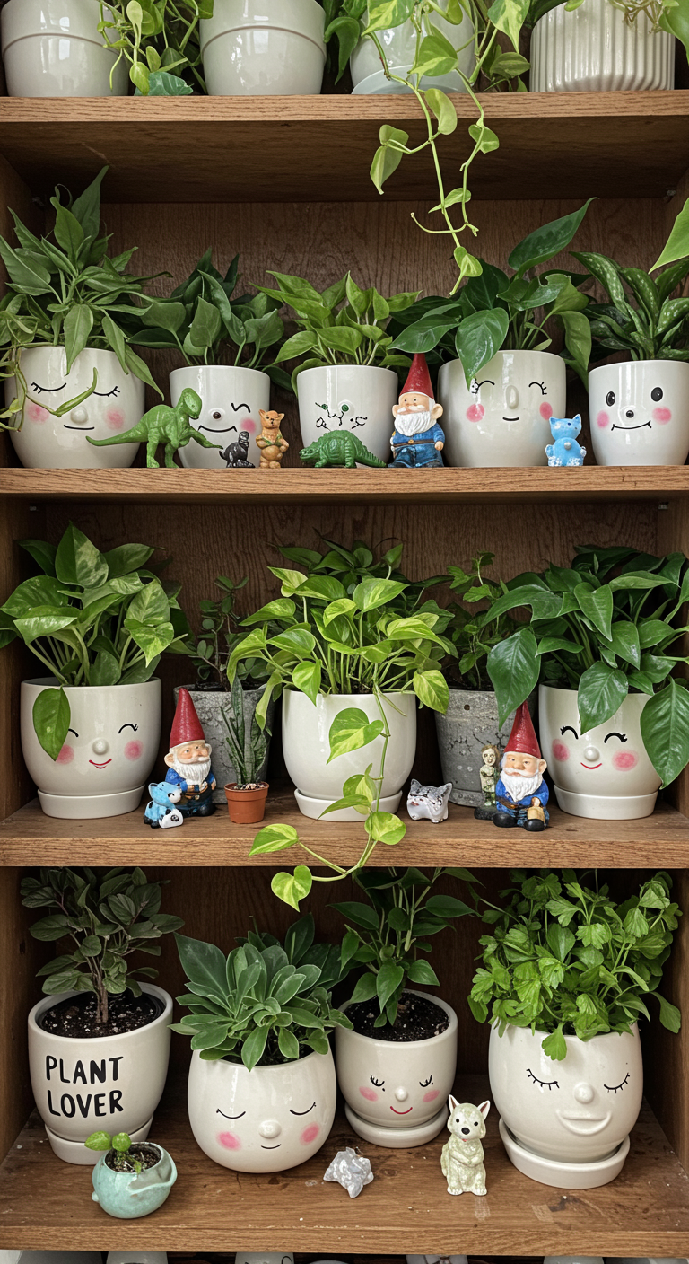 Playful Jungle Shelf Vibes - A meticulously arranged plant shelf overflowing with lush greenery, showcasing a variety of plant types in diverse, quirky pots. Interspersed amongst the foliage are playful figurines: a miniature dinosaur peeking from behind a leafy fern, colorful gnomes nestled near a trailing pothos, and small animal statues scattered throughout. A hand-painted sign with the words "Plant Lover" leans against a ceramic pot with a smiling face, adding a touch of personalized charm. The wooden shelf exhibits slight wear and tear, with subtle scratches and a few water stains, enhancing the realism of the scene.