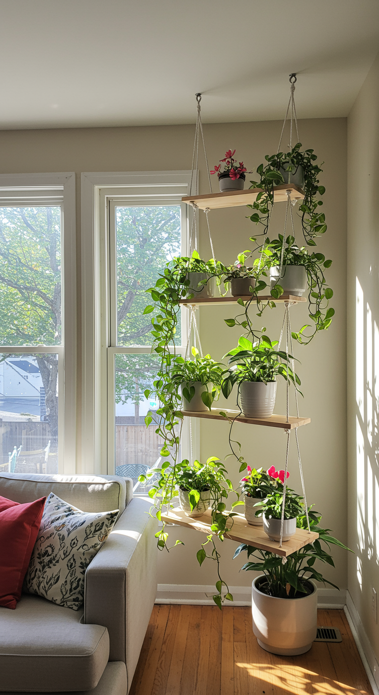 Hanging Plant Shelf Combos - A bright, sunlit living room features a multi-tiered hanging shelf system suspended from the ceiling near a large window. The shelves are filled with a variety of plants, including cascading pothos, string of pearls, and a few flowering plants with vibrant blooms. The macrame plant hangers holding small shelves have slight imperfections, and one shelf has a small water stain, adding to the realistic feel.