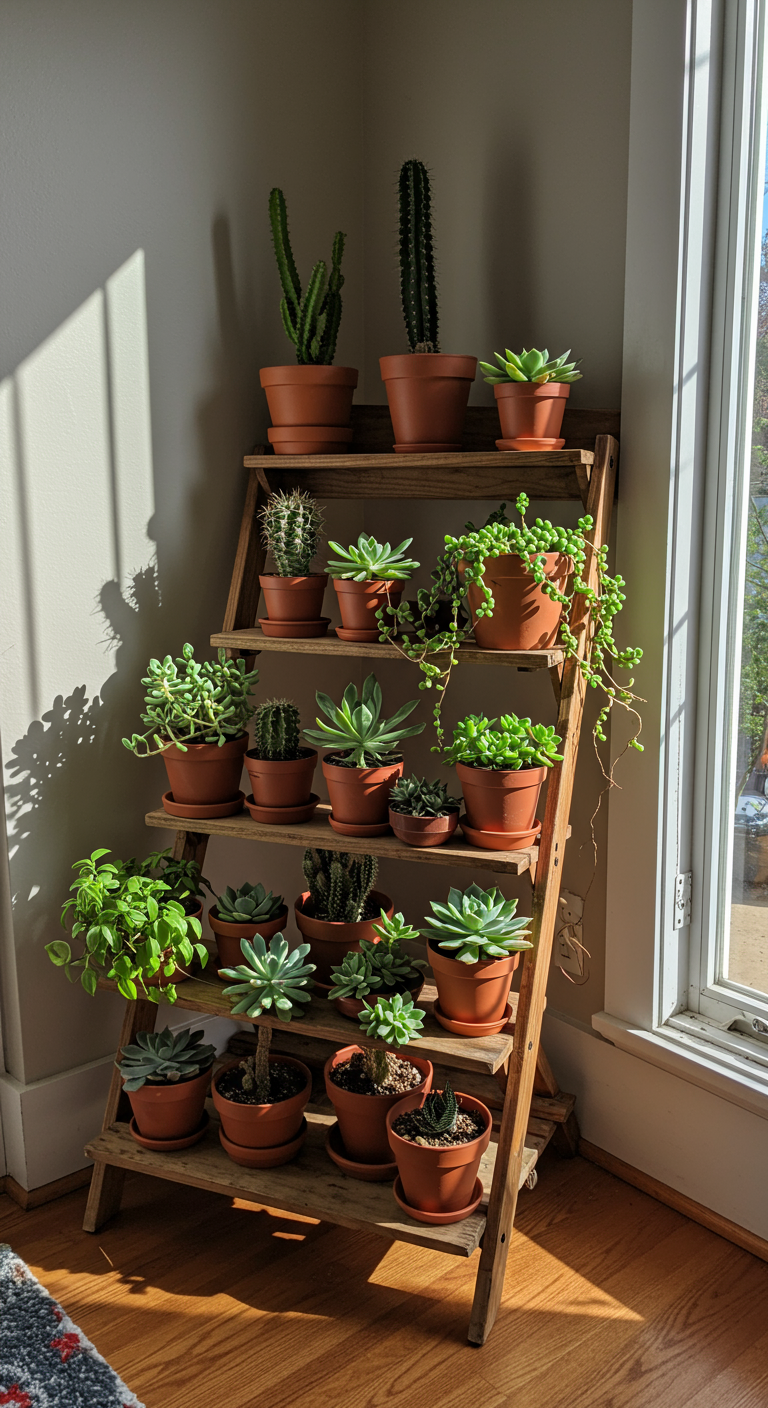 Bright Plant & Shelf Displays - A sun-drenched living room corner showcases a multi-tiered wooden shelf overflowing with vibrant greenery. Succulents, including Echeverias and various cacti, bask in the direct sunlight streaming through a south-facing window. Terra cotta pots of varying sizes add a rustic touch, while a few scattered dried leaves and a slightly crooked shelf add a touch of realism.
