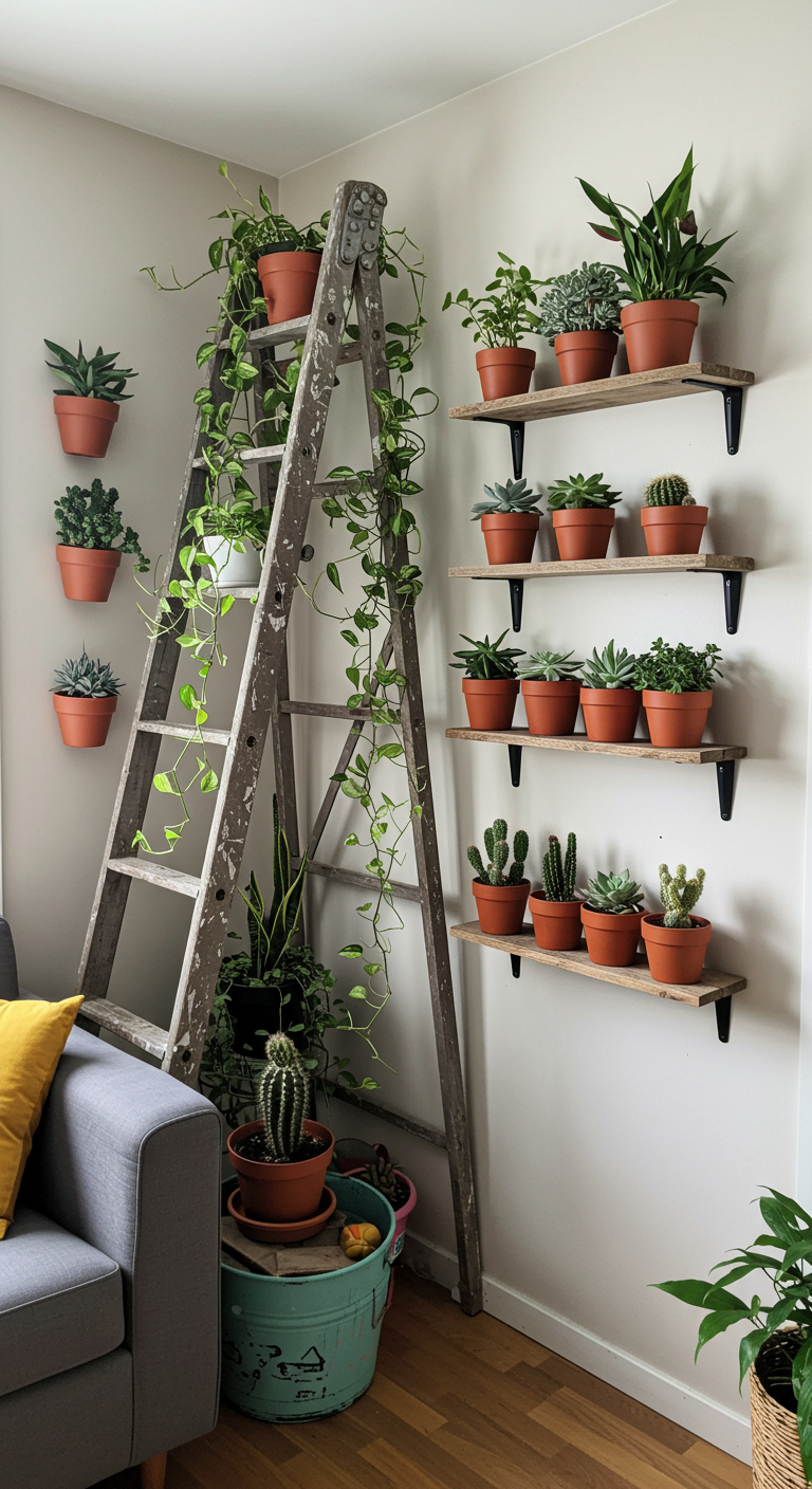 Budget-Friendly Plant Shelves - A brightly lit, slightly cluttered living room corner showcasing budget-friendly plant shelves. An old wooden ladder, repurposed as a leaning shelf, holds an assortment of potted plants with trailing vines. Below, inexpensive floating shelves from IKEA display smaller succulents and cacti in terracotta pots. One shelf has a slight sag, indicating its age and the weight it bears. A nearby wall features several wall-mounted planters overflowing with greenery, completing the budget-conscious home jungle aesthetic.