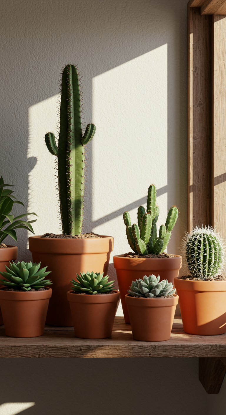 Desert Plant Shelf Combos - A sun-drenched, rustic wooden shelf mounted on a textured, off-white wall. The shelf holds a curated collection of desert plants in terracotta pots of varying sizes and shapes. The plants include a tall, slender Saguaro cactus, a cluster of vibrant Echeveria succulents, and a spiky barrel cactus, all exhibiting realistic imperfections such as slightly uneven soil and minor leaf blemishes. Sunlight streams through a nearby window, casting sharp shadows and highlighting the plants' intricate textures.