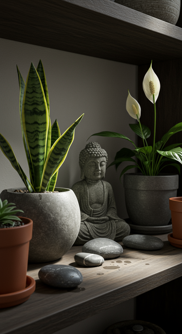 Zen Plant Shelf Garden - A meticulously arranged zen plant shelf garden bathed in soft, diffused light. Smooth, grey river stones are scattered amongst small potted plants, including a snake plant with slightly dusty leaves and a peace lily with a single, elegant white bloom, its edges subtly browned. A small, weathered stone Buddha statue sits serenely at the back, partially obscured by the foliage, with a faint water stain visible on the shelf beneath it.