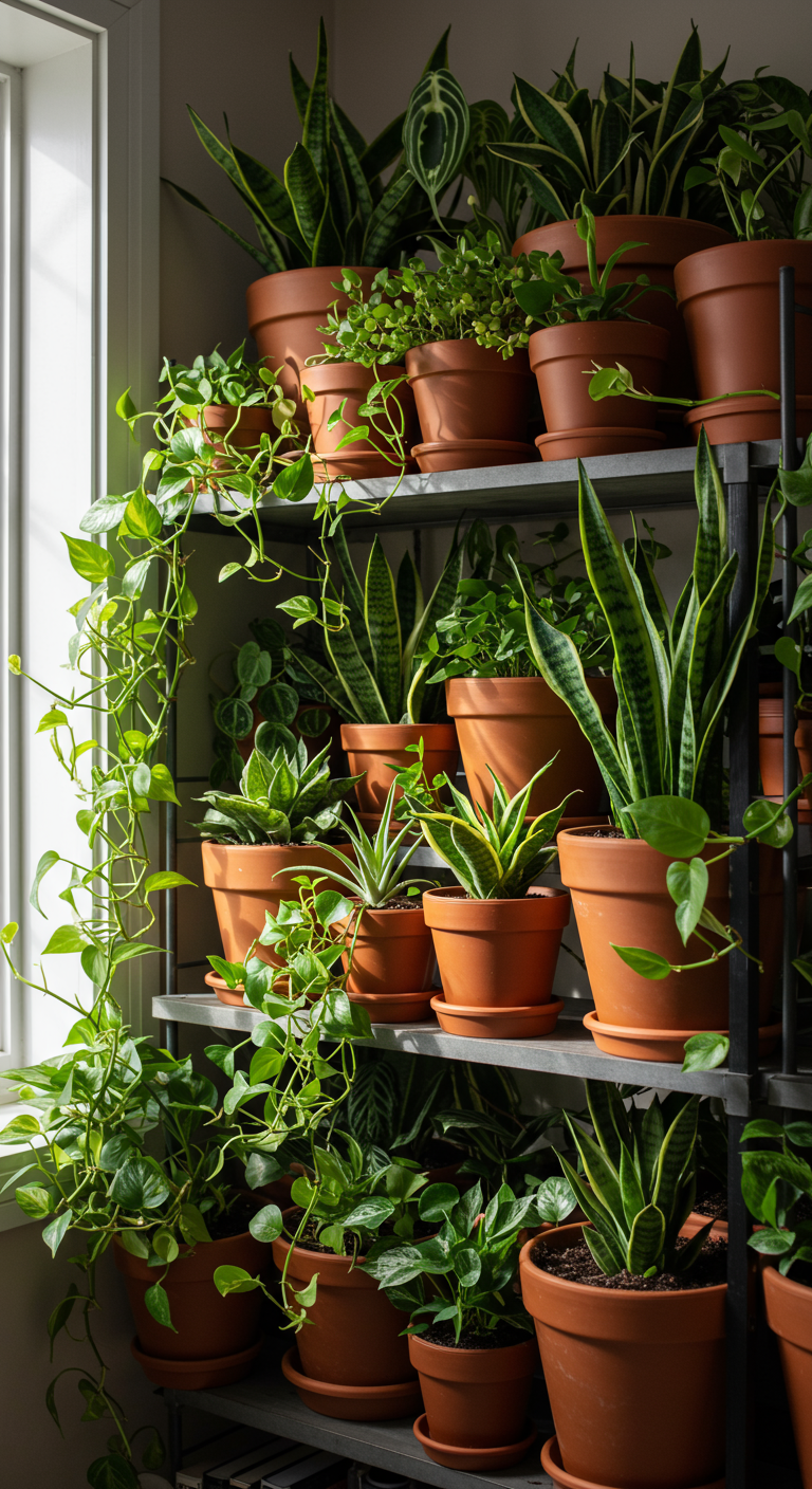 Jungle Shelf Aesthetic - A meticulously styled bookshelf overflowing with a diverse collection of potted plants, creating a miniature indoor jungle. Trailing pothos vines cascade dramatically over the edges, intermingling with the upright forms of snake plants and the delicate fronds of ferns. Terracotta pots of varying sizes and textures are densely packed, some slightly askew, revealing glimpses of rich, dark soil and occasional stray leaves. Natural sunlight streams through a nearby window, casting dappled shadows and highlighting the vibrant green hues of the foliage.