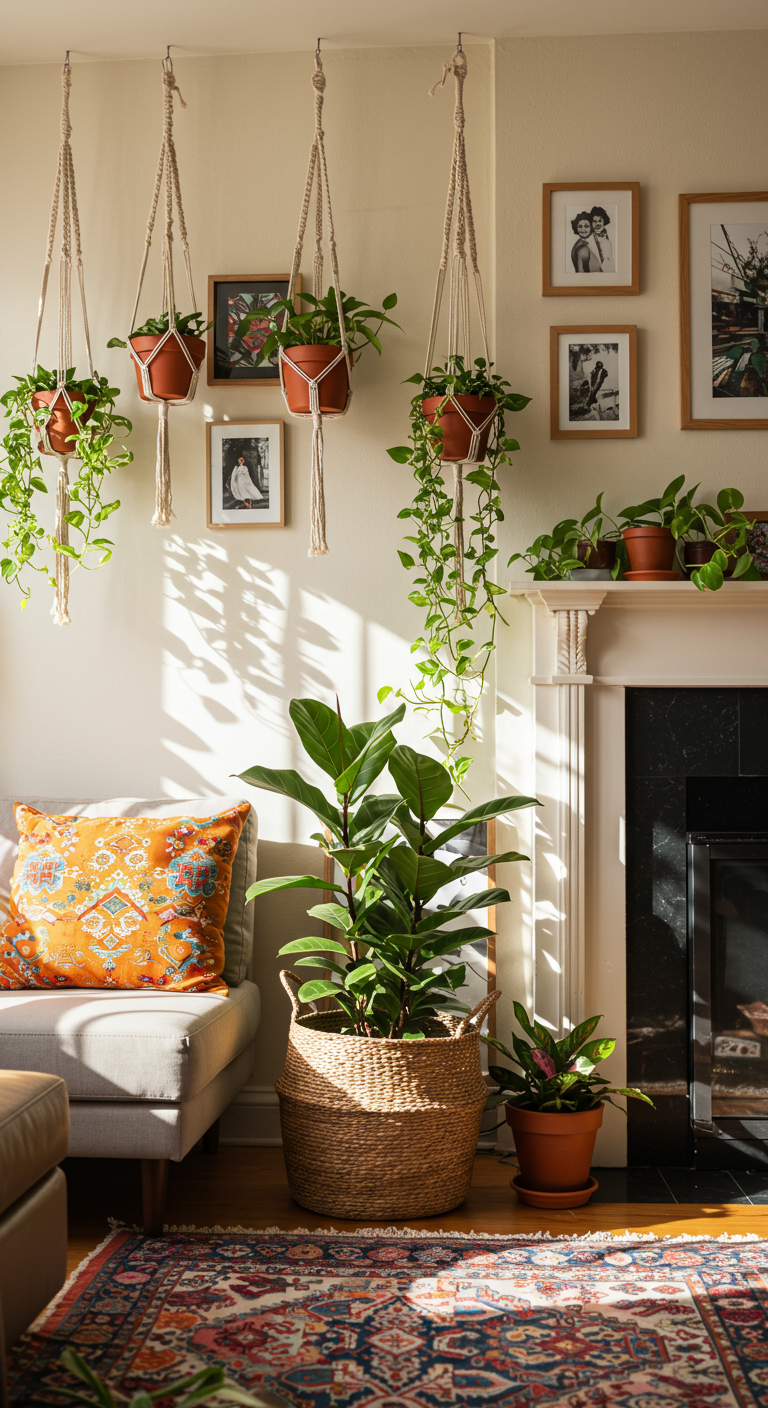 Boho Home Jungle Vibes - Sun-drenched living room interior, boho style, featuring a variety of potted plants cascading from macrame hangers and terracotta pots. A colorful, patterned rug lies beneath a woven basket containing a large Fiddle Leaf Fig, with sunlight highlighting dust motes in the air. Imperfectly aligned picture frames adorn a cream-colored wall, adding to the relaxed atmosphere.