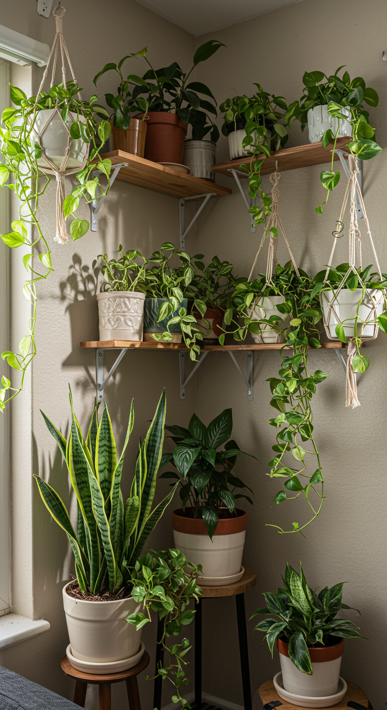 Eclectic Home Jungle Style - A sun-drenched living room corner transformed into an eclectic home jungle. A variety of plants, including snake plants, succulents, and trailing pothos, overflow from mismatched vintage pots and macrame hangers. Shelves of varying heights, some DIY and slightly imperfect, display the overflowing plant collection, casting dappled shadows on the textured wall. The scene features natural light streaming through a window, highlighting the diverse textures and colors of the foliage, with a few slightly browning leaf tips adding to the realistic, lived-in feel.