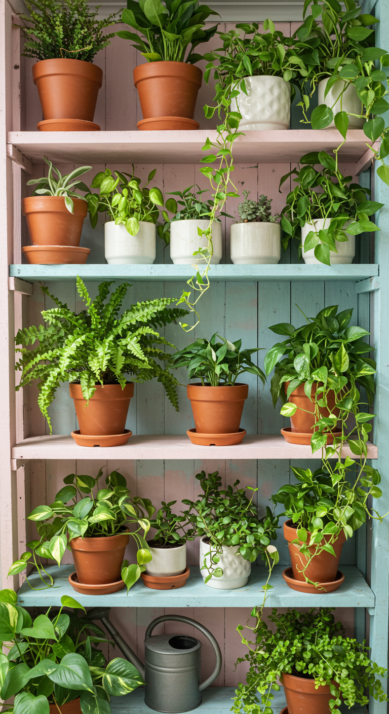 Pastel Home Jungle Shelves - A brightly lit, indoor photograph of pastel-colored shelves overflowing with lush green plants. The shelves are various soft hues: light pink, baby blue, and mint green, with a slightly chipped paint texture revealing the wood underneath in a few spots. A variety of plants, including ferns, pothos, and succulents, are arranged on the shelves in terracotta and ceramic pots of varying sizes and designs, some with trailing vines cascading down. Dust motes are visible in the sunbeams streaming through a nearby window, and a slightly out-of-focus watering can sits on the bottom shelf.