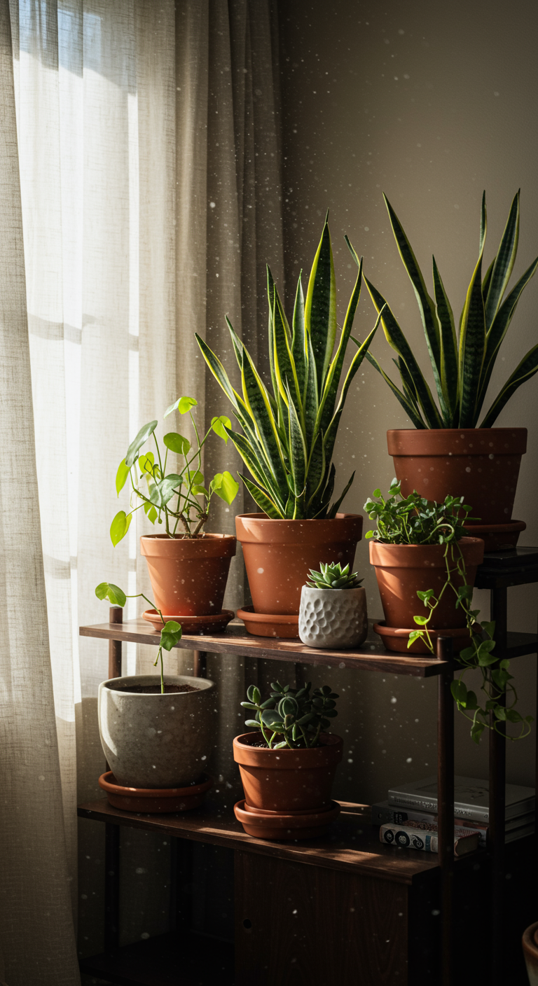 Classy Home Jungle Style - A sun-drenched living room featuring a curated collection of houseplants displayed with intention and elegance. Various ceramic and terracotta pots house plants with diverse textures, including a striking snake plant, arranged on a sleek, dark wood shelving unit. Subtle dust motes float in the air, illuminated by the natural light filtering through sheer linen curtains.