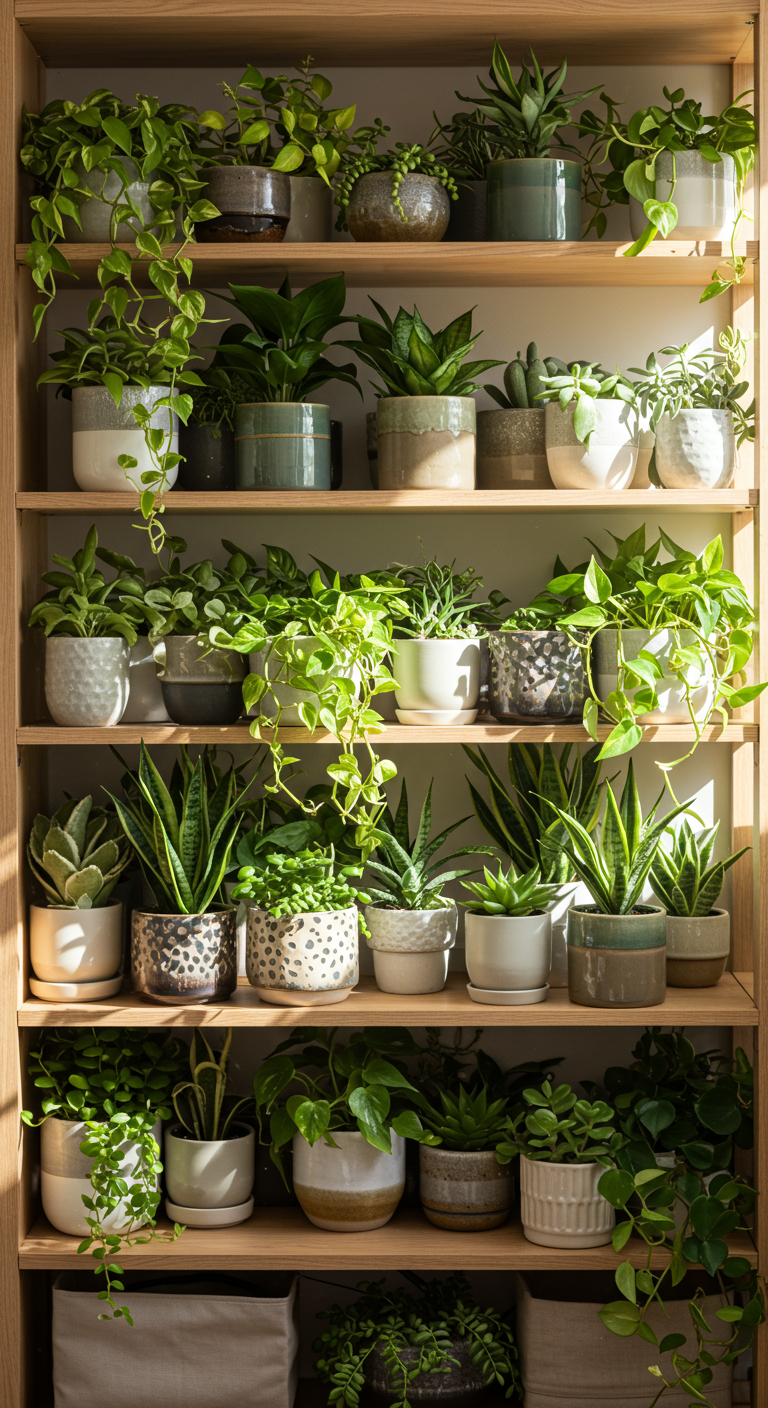 Urban Jungle Shelf Goals - A meticulously arranged bookshelf overflowing with a diverse collection of indoor plants. The shelves are a light, natural wood, contrasting with the vibrant greenery. Various plant types are visible, including trailing pothos cascading down the sides, upright snake plants adding verticality, and small succulents nestled in decorative ceramic pots of varying colors and textures. Natural sunlight streams in from a nearby window, casting subtle shadows and highlighting the dust particles floating in the air. A few imperfectly placed leaves and slightly askew pots add a touch of realism to the carefully curated scene.