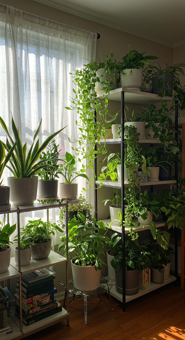 Green Living Room Vibes - Sun-drenched living room interior, featuring a diverse collection of thriving houseplants displayed on a variety of shelving units. A large snake plant cascades dramatically from a high shelf, its textured leaves catching the light, while a delicate string of pearls dangles from a bookshelf, resembling verdant jewels. Natural light streams through sheer curtains, illuminating the varying shades of green foliage, from bright lime to deep forest hues, with slight dust particles visible in the air.