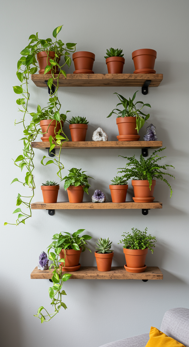 Floating Jungle Shelf Ideas - A bright, naturally lit living room featuring three staggered wooden floating shelves mounted on a light gray wall. Each shelf supports a variety of potted plants, including a trailing pothos cascading down the sides, several succulents in terracotta pots, and a small fern. A few decorative crystals are interspersed among the plants, adding visual interest. The shelves show slight imperfections, like minor scratches and uneven wood grain.