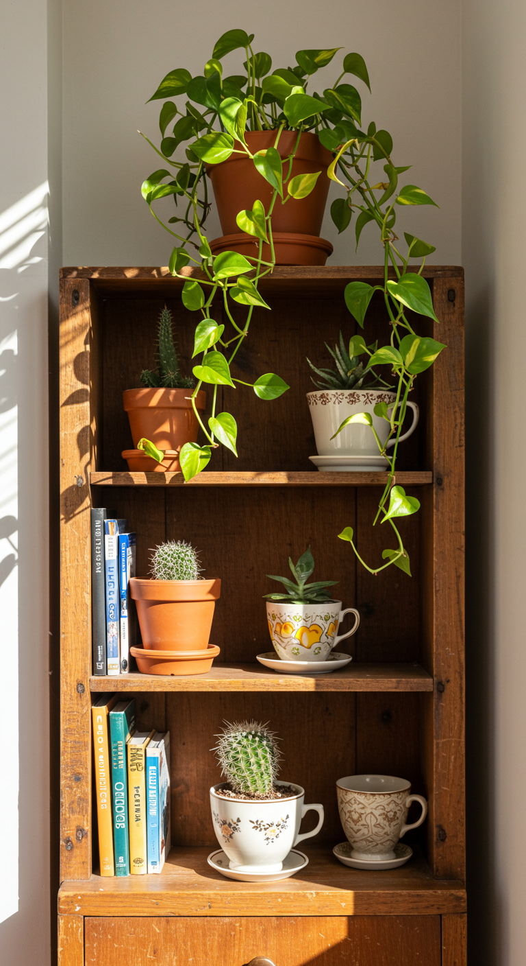 Vintage Plant & Shelf Combos - A sun-drenched living room corner showcases a vintage wooden bookshelf, its surface worn and slightly scratched, holding an assortment of plants in aged terracotta pots. A trailing golden pothos cascades gracefully from the top shelf, its leaves exhibiting minor imperfections like slight browning at the tips. Below, a spiky cactus sits in a ceramic pot with a faded 1970s geometric pattern, juxtaposed against a delicate, antique teacup holding a small succulent. The scene is bathed in natural light, highlighting the textures and imperfections of the vintage items, creating a sustainable and character-rich display.