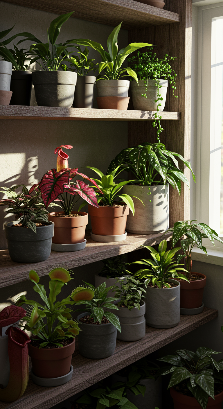 Exotic Plant Shelf Paradise - A meticulously curated shelf overflowing with exotic plants, including a Venus flytrap with a captured insect, a vibrant pink polka dot plant, and various other unusual species with diverse textures and colors. The plants are arranged in a visually appealing manner, showcasing a variety of pot sizes and materials, some with slight imperfections like mineral buildup or minor leaf blemishes. Natural sunlight streams through a nearby window, casting realistic shadows and highlighting the intricate details of the foliage. The shelf itself is made of reclaimed wood, showing subtle signs of wear and tear, adding to the natural and lived-in feel of the scene.