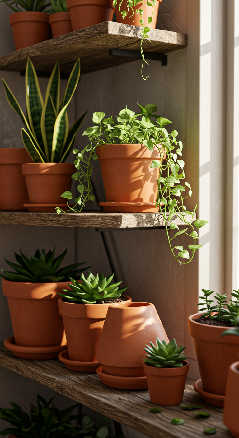 Cool Plant Shelf Combos - A highly detailed, realistic image of a plant shelf featuring a curated collection of houseplants. The shelf is made of rustic wood and holds an assortment of terracotta pots containing plants such as a tall snake plant, a trailing pothos vine cascading down the side, and several small succulents. The composition includes deliberate imperfections, such as slightly tilted pots and a few dried leaves, to enhance the natural, lived-in aesthetic. Soft, natural light streams in from a nearby window, highlighting the textures of the plants and pots, creating a warm and inviting atmosphere.