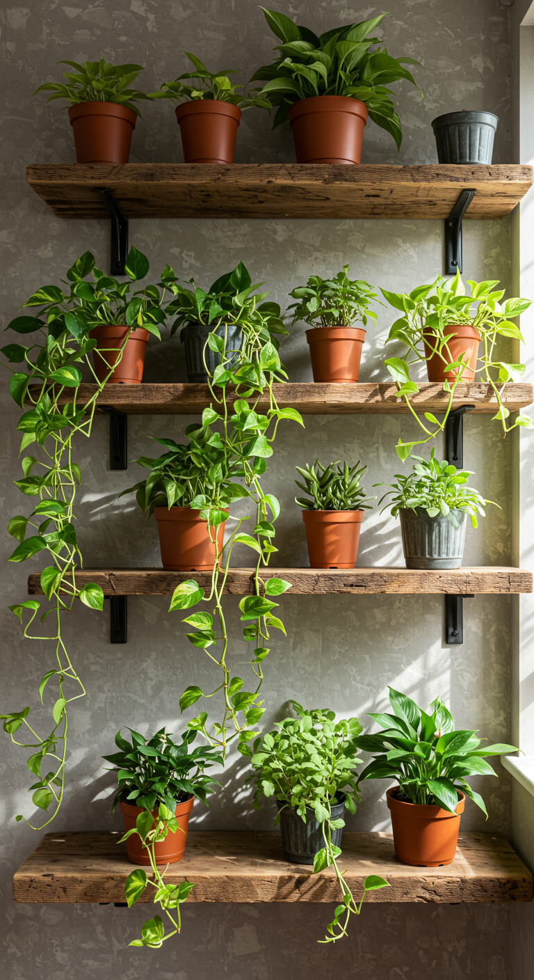 Rustic Home Jungle Shelves - A collection of reclaimed wood shelves, showcasing natural imperfections like knots and cracks, filled with a variety of lush green houseplants. The shelves are mounted on a textured, slightly distressed wall, possibly painted a muted, earthy tone. Trailing pothos vines cascade down the shelves, contrasting with the rough texture of the wood, while other plants in terracotta pots are neatly arranged, creating a miniature indoor jungle. Sunlight streams in from a nearby window, casting soft shadows and highlighting the natural details of both the plants and the rustic shelves.