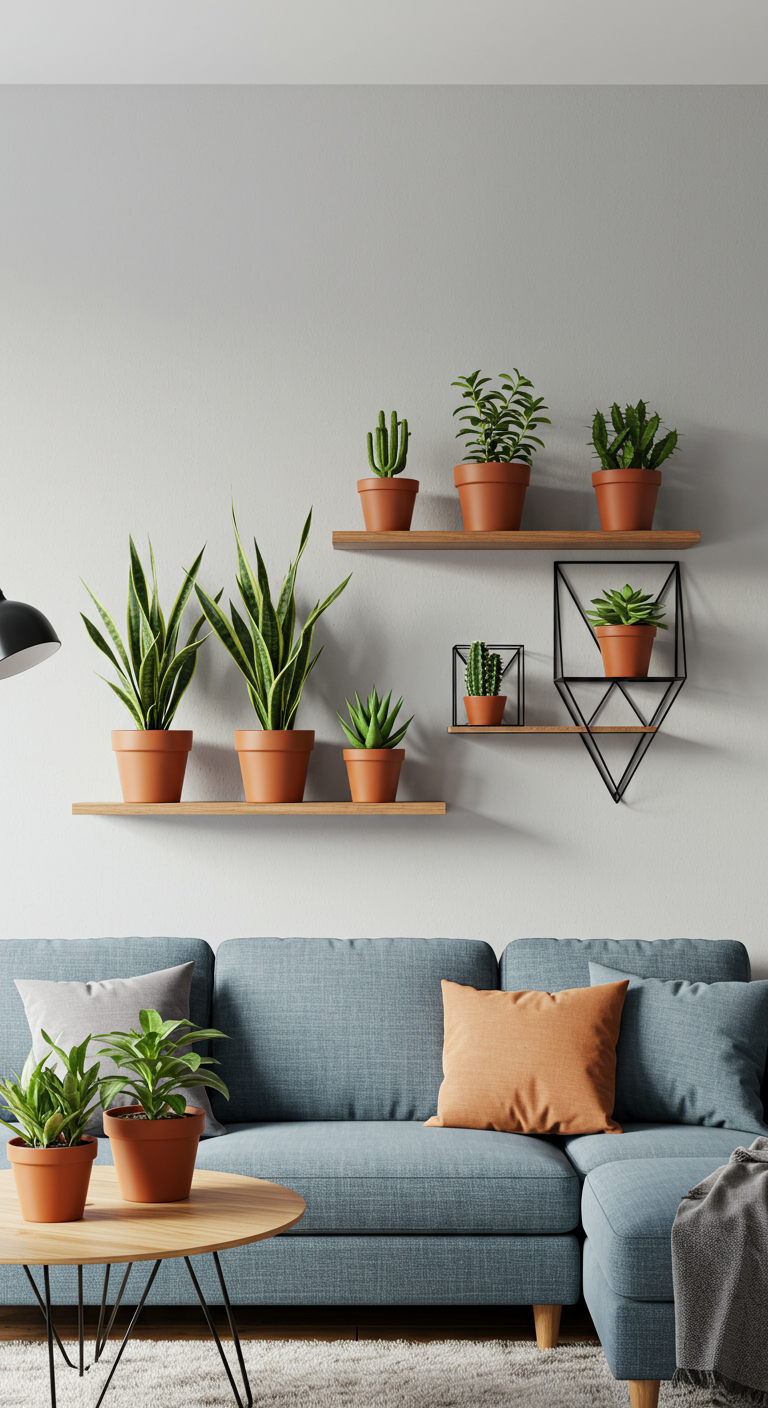 Modern Plant & Shelf Combos - A modern living room bathed in natural light showcases a minimalist aesthetic. Floating wooden shelves, seemingly disappearing into a light gray wall, display a curated collection of succulents and snake plants in sleek, terracotta pots of varying sizes. A thin, black metal shelf with a geometric design holds a single, vibrant green succulent, its leaves slightly dusty. Subtle imperfections, like a small scratch on the shelf and a slightly tilted pot, add a touch of realism.
