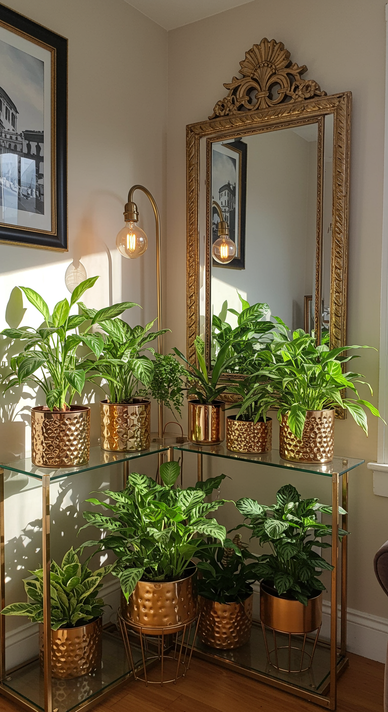Glam Home Jungle Inspo - A sun-drenched living room corner showcasing a "Glam Home Jungle," featuring a variety of lush green plants in metallic gold and rose gold pots, arranged on sleek glass shelves. A large, ornate mirror reflects the plants, creating depth and enhancing the light. Textures are mixed, with smooth metallic surfaces contrasting against the rough textures of the plant leaves; some leaves have slight imperfections like small tears or spots. A stylish floor lamp with a warm-toned bulb casts a soft glow, highlighting the plants and adding to the luxurious ambiance.