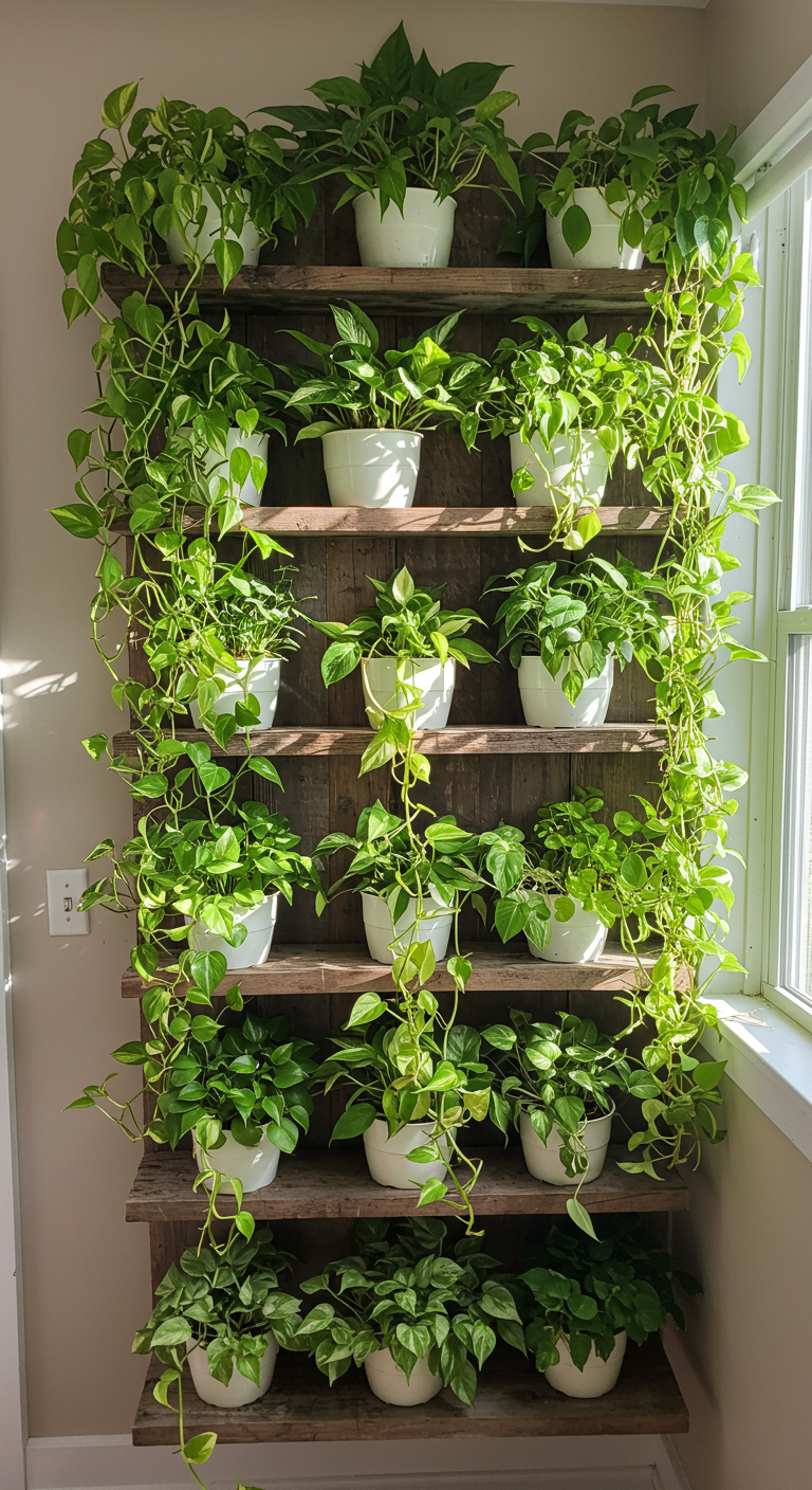 Vertical Jungle Shelf Gardens - A meticulously arranged vertical garden shelf, overflowing with a diverse collection of thriving plants. Pothos vines cascade dramatically downwards, interspersed with the upright foliage of philodendrons and the delicate fronds of ferns. Sunlight streams through a nearby window, illuminating the varying textures and shades of green, highlighting the slight imperfections of the leaves and the subtle variations in soil moisture. The shelves themselves are crafted from reclaimed wood, showing signs of wear and age, adding to the naturalistic aesthetic.