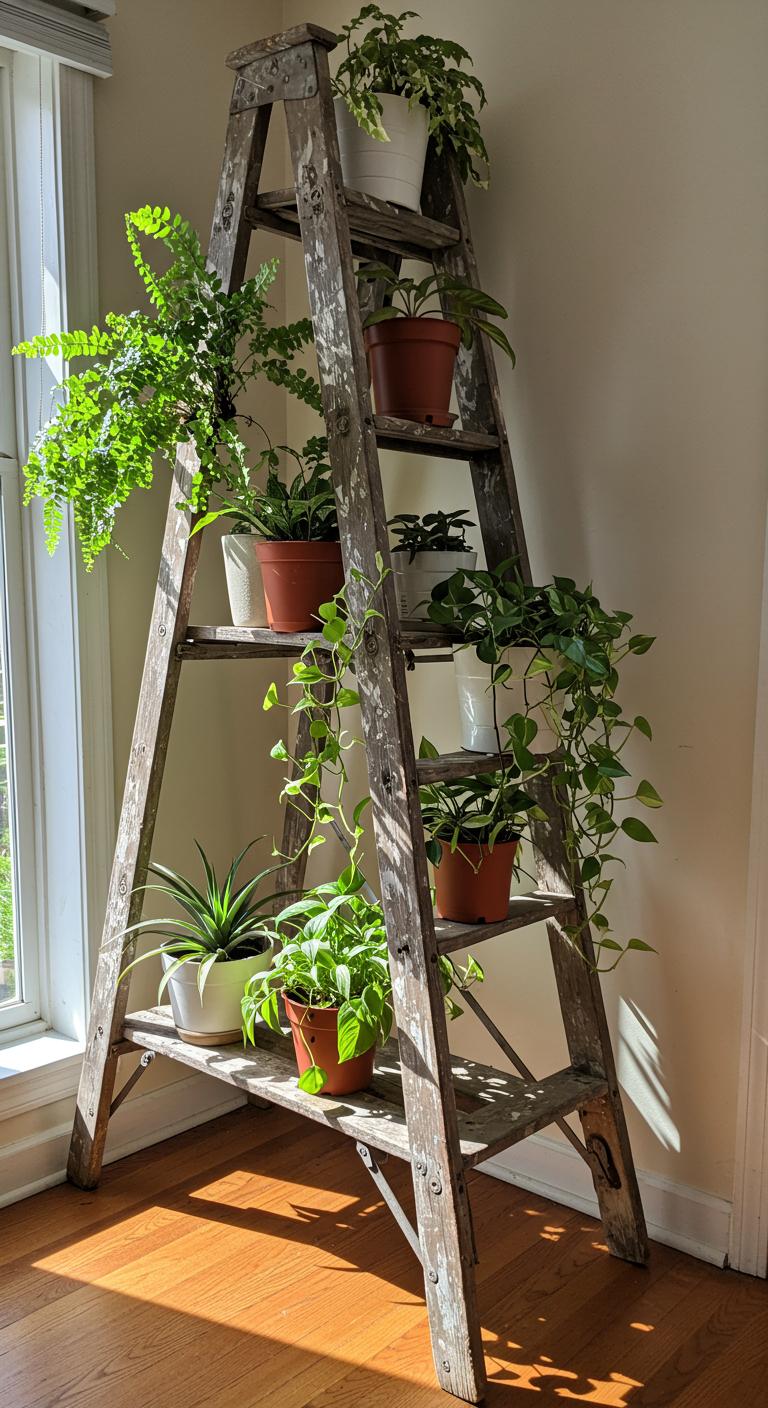 Upcycled Plant Shelf Vibes - A weathered wooden ladder, repurposed as a plant shelf, leans against a sun-drenched living room wall. Various potted plants, including ferns, succulents, and trailing pothos, cascade from each rung. The ladder shows signs of age, with chipped paint and minor imperfections, adding to its rustic charm. Sunlight streams through a nearby window, illuminating dust motes in the air and casting soft shadows on the plants and surrounding floor.