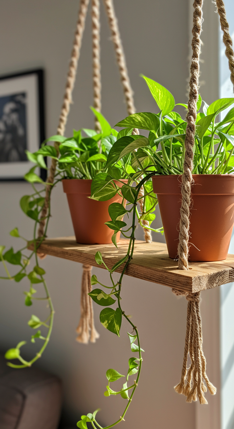 DIY Plant & Shelf Creations - A brightly lit, close-up photograph of a DIY hanging plant shelf made of thick, knotted rope and weathered wooden planks. Several vibrant green pothos plants with trailing vines cascade down from terracotta pots resting on the shelf. The background is a blurred living room scene with a slightly crooked picture frame on a painted wall and a glimpse of sunlight streaming through a window, illuminating dust particles in the air. The wooden planks have visible saw marks and slight imperfections, suggesting a handcrafted quality.